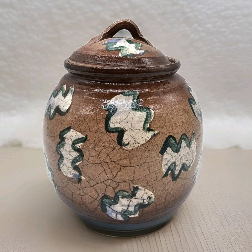 Ken Jensen Raku Art Pottery Lidded Jar Abstract Pattern Signed Vintage 1990